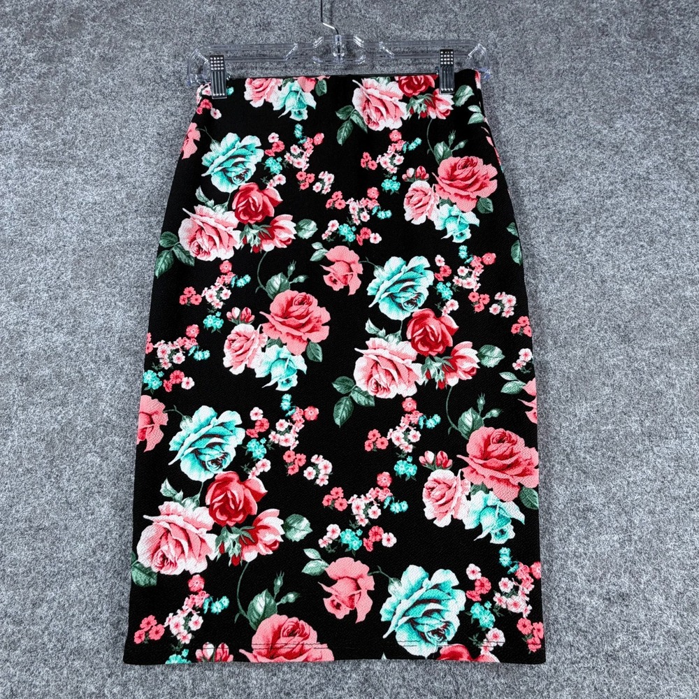 Brat Star Straight & Pencil Skirt Womens Black Pink Floral Print Stretch Pull On